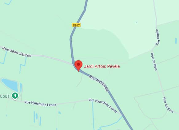 Carte de localisation de Jardi Artois Pévèle, avec un pin rouge. Montre la D917, Rue Nationale, Rue Jean Jaurès, Rue Hyacinthe Lenne et arrêt ubus.