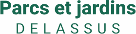 Logo textuel vert foncé sur fond noir : Parcs et jardins DELASSUS.