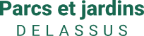 Nom Parcs et jardins DELASSUS en lettres vertes sur fond noir
