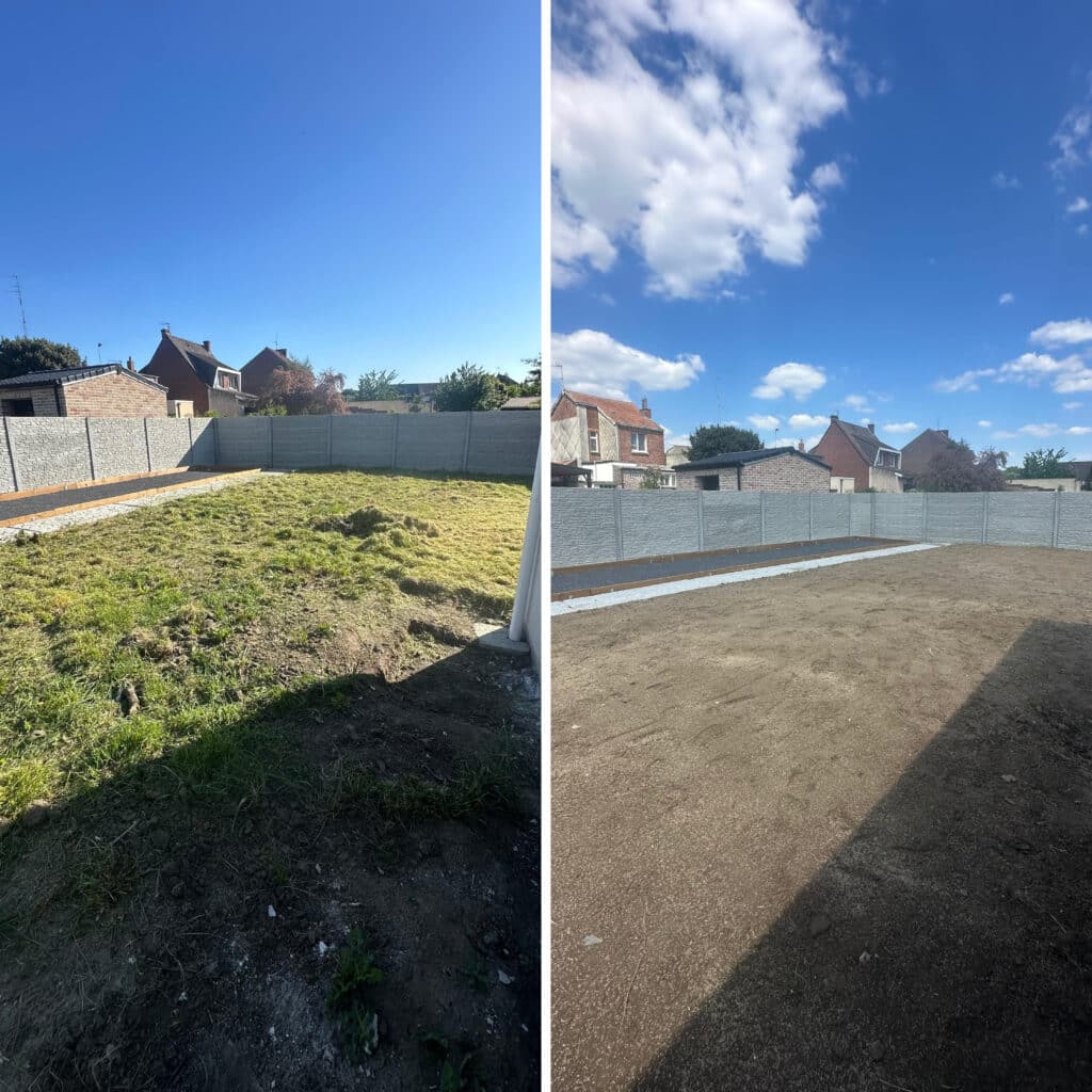 Comparaison avant/après : jardin avec herbe avant et terrain nivelé prêt pour pelouse ou aménagement près de clôture grise.