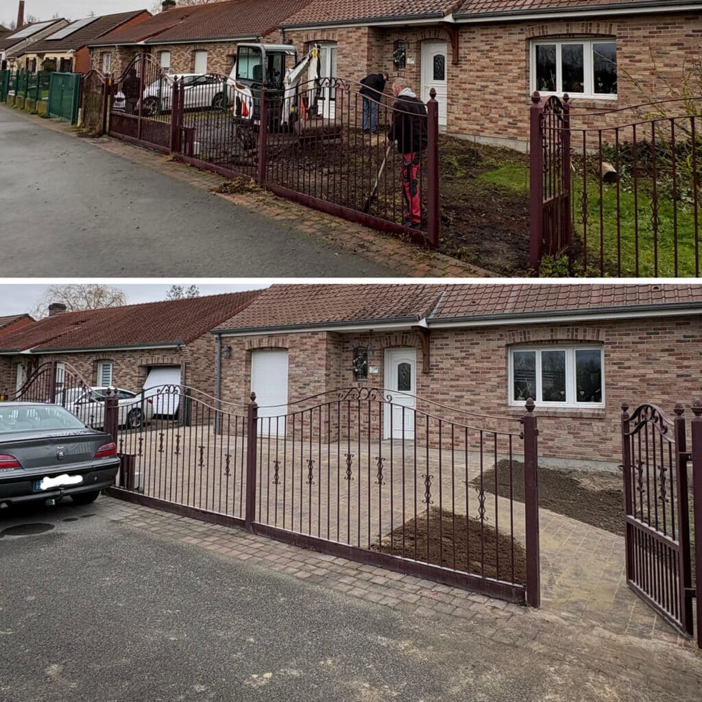 Allée pavée et portail rénovés : comparatif avant-après Transformation d'une allée boueuse en cour pavée. Maison en briques avec portail en fer forgé marron, comparatif avant/après travaux d'aménagement extérieur.